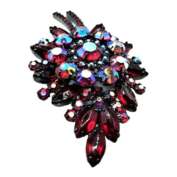 Juliana Brooch Earrings Jewelry Set Red Rhinestone Aurora Borealis Vintage Costu - Picture 10 of 12